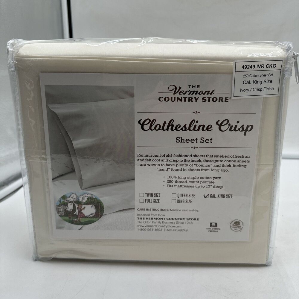 Vermont Country Store Clothesline Crisp Cal King Sheet Set 100% Staple Cotton